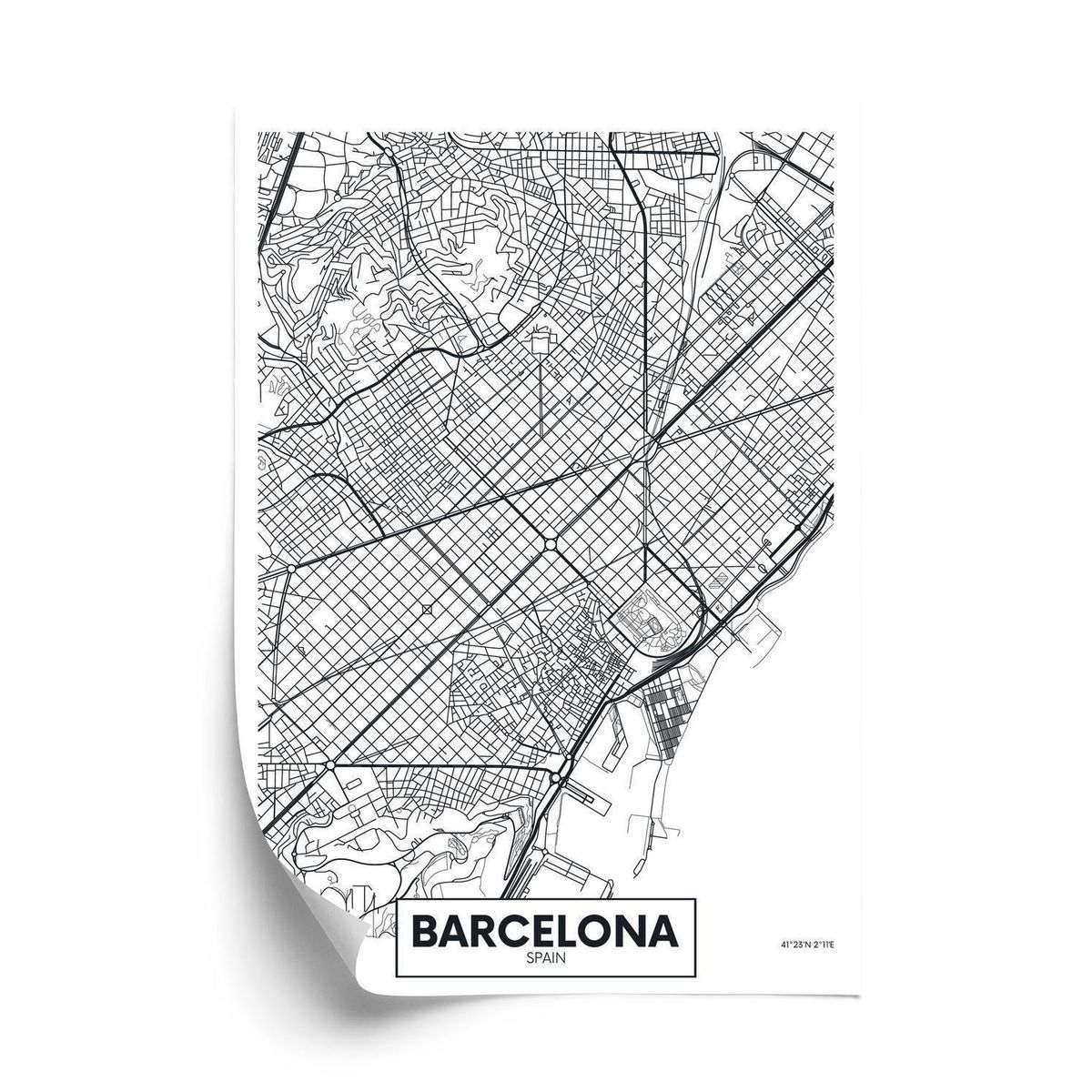 Plakat - Sort og hvidt kort over barcelona