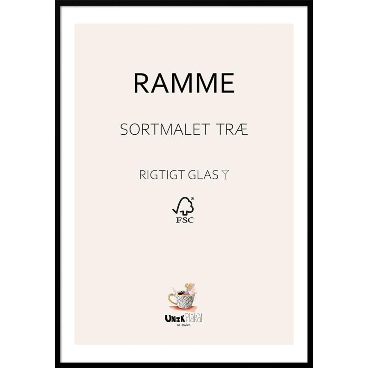 Plakatramme - sortmalet kvalitetsramme med ægte glas af træ