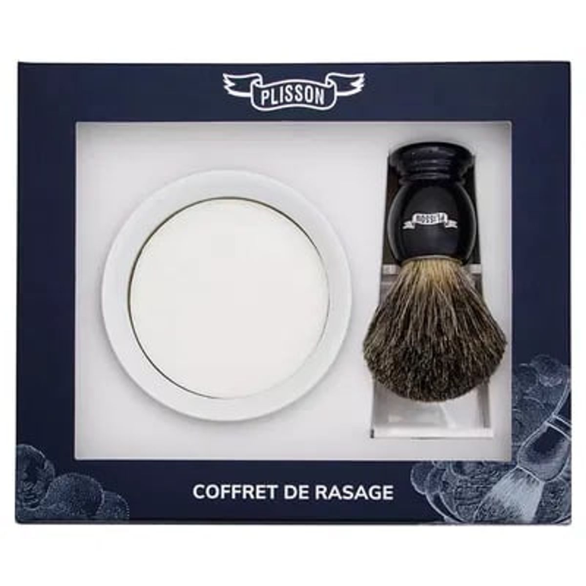 Plisson Startsæt Med Russian Grey Badger Barberkost, Holder og Porcelæns Skål Med Barbersæbe Sort (1 sæt)