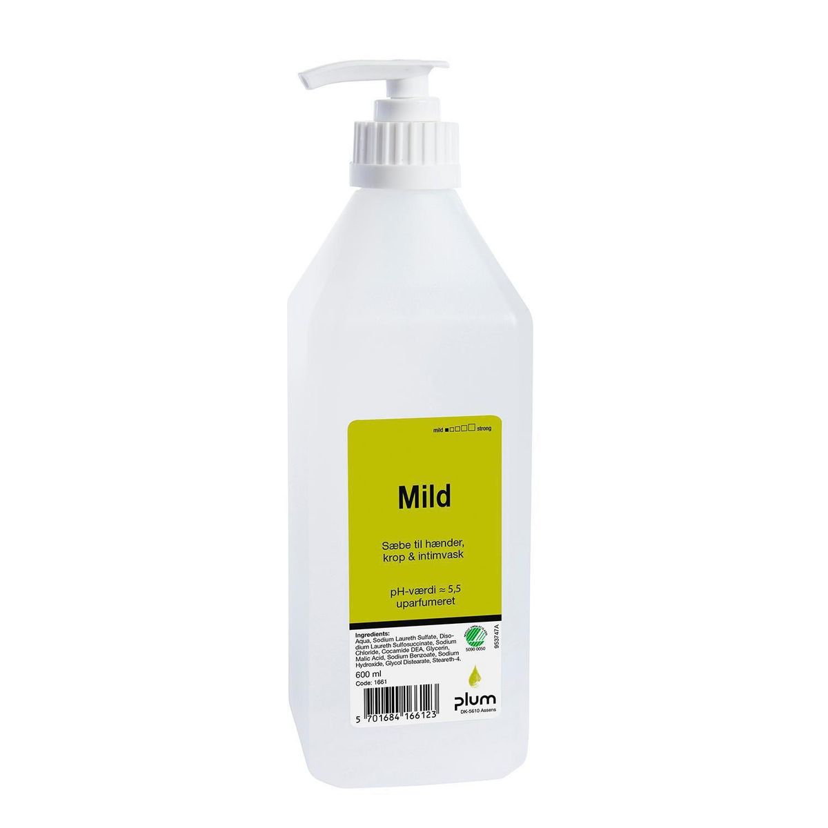 Plum Mild, cremesæbe, svanemærket, uden farve og parfume, i pumpeflaske, 600 ml.