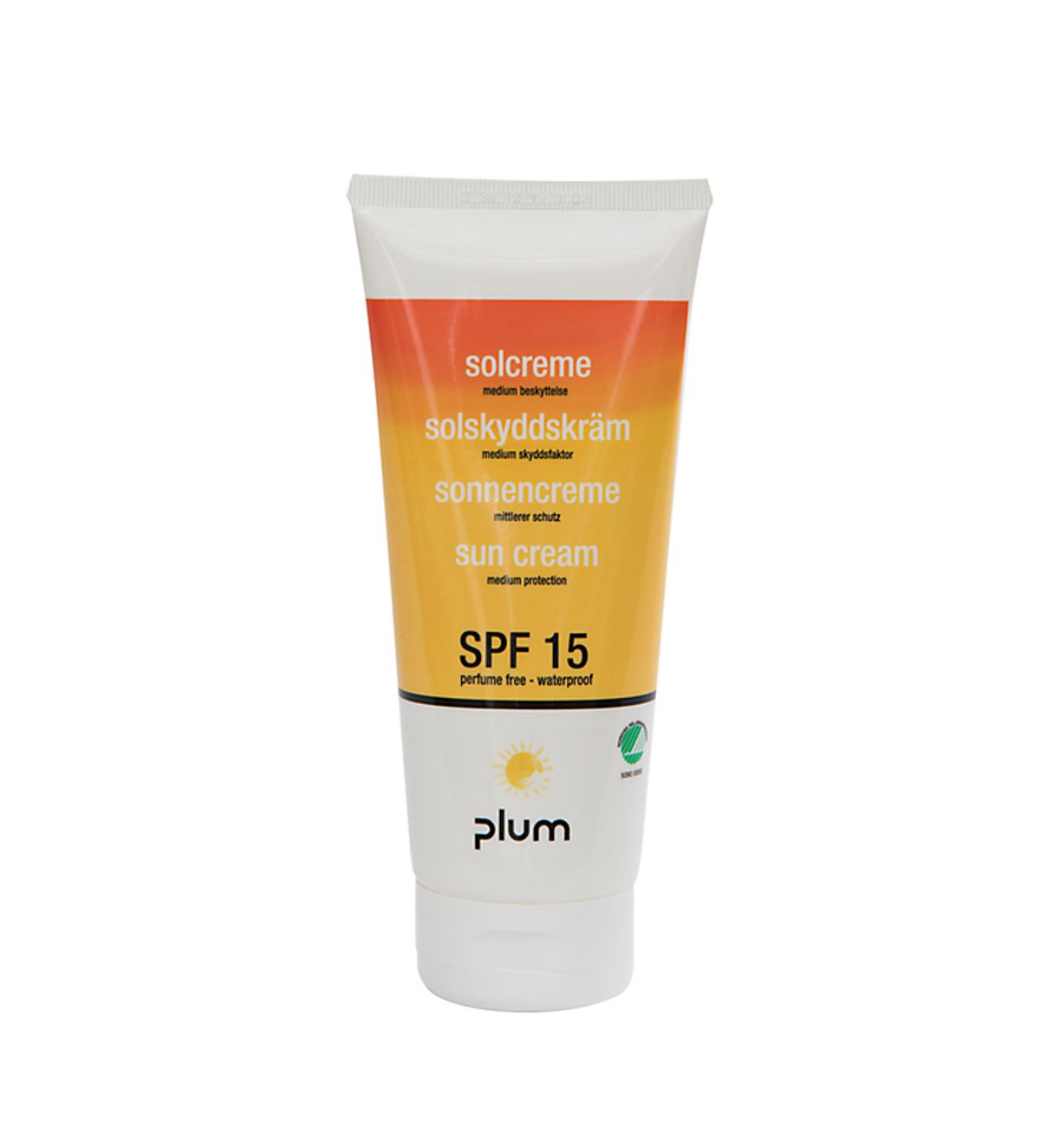 Plum solcreme 200ml faktor 15. Uden parfume, beskyt. mod UVA + UVAB stråler, svanemærket