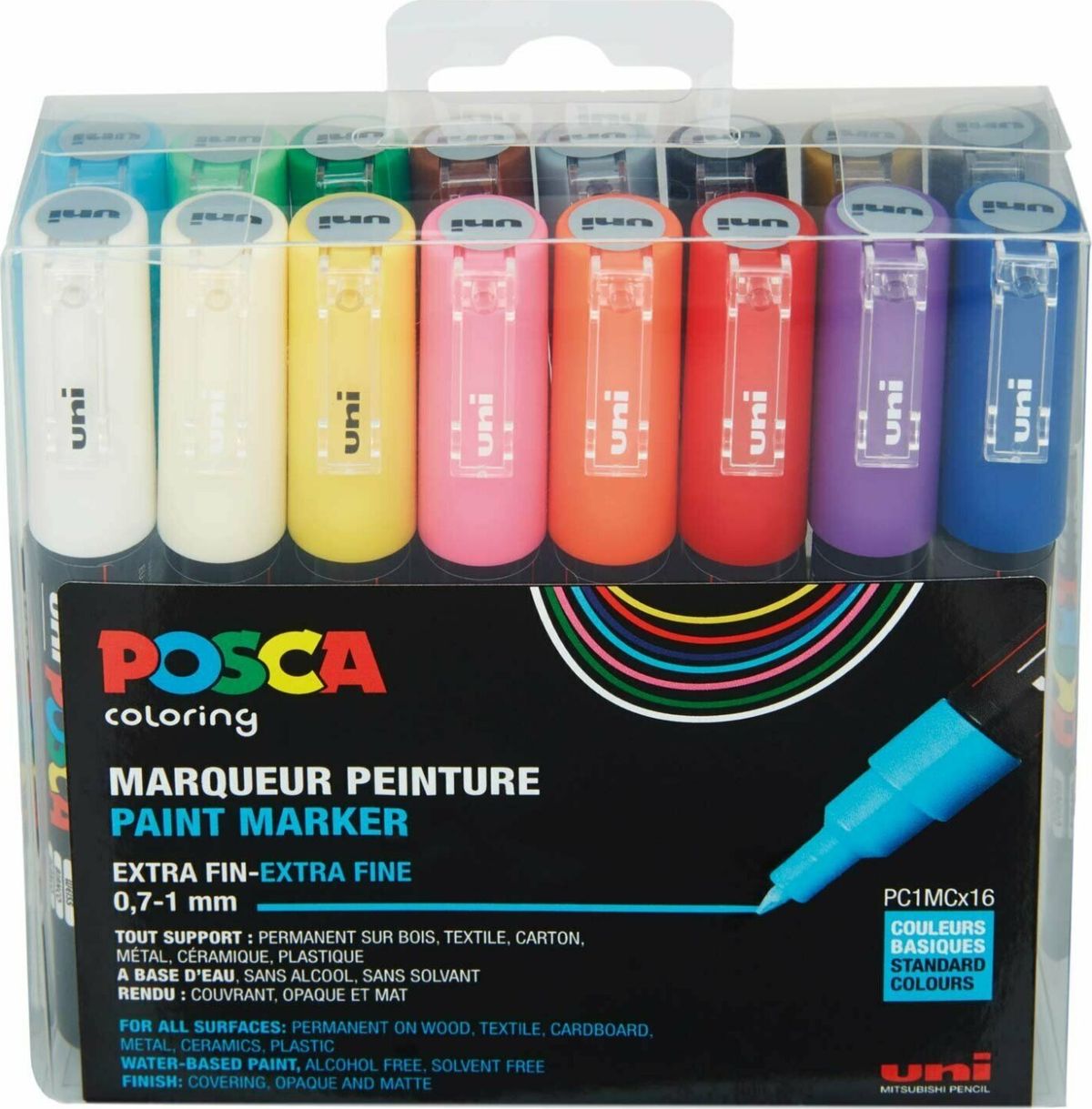 Posca Tusser Sæt - Extra Fine 0,7-1 Mm - Pc1mc - Basis - 16 Stk