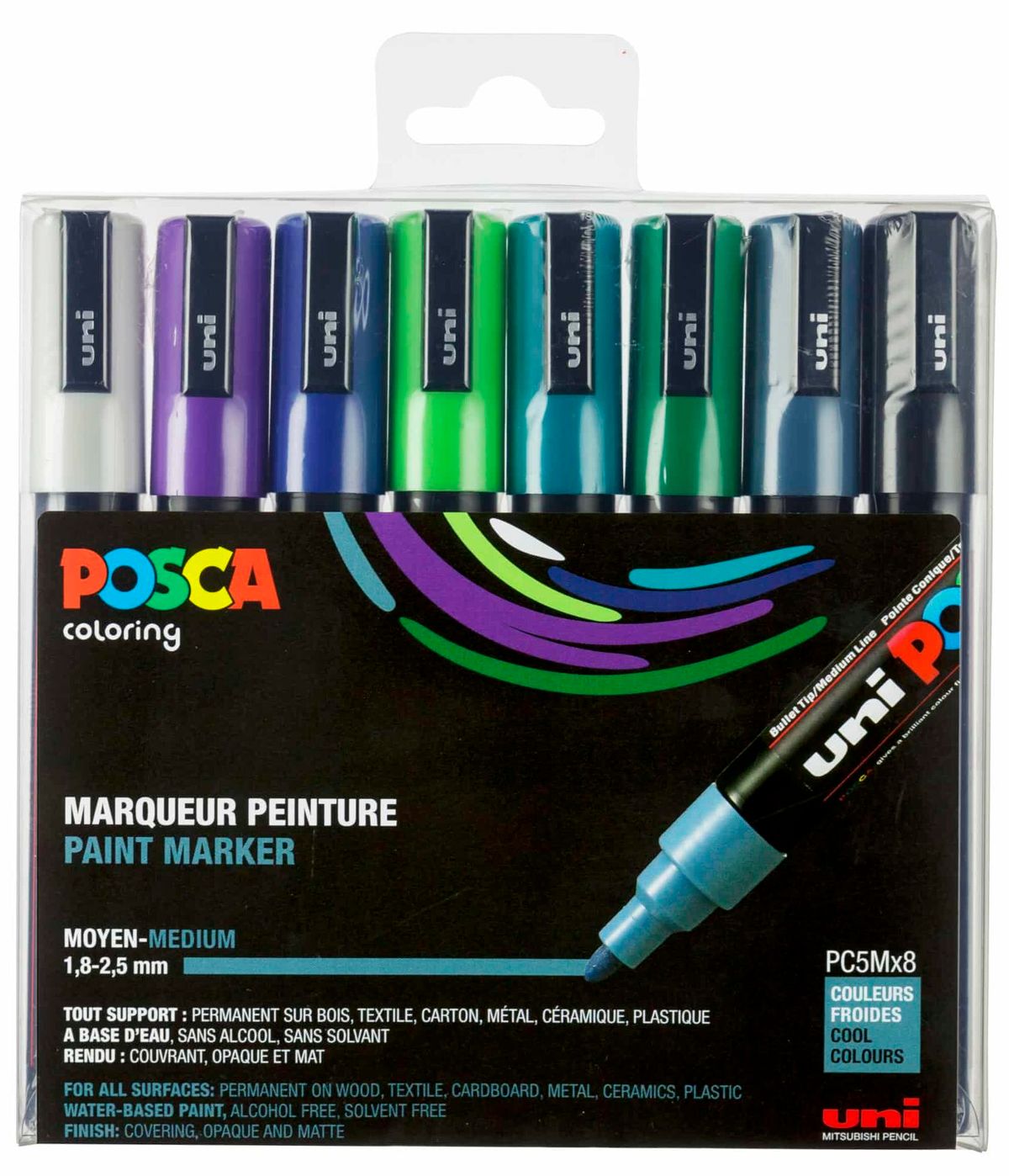 Posca Tusser Sæt Kolde Farver PC-5M - 8 stk.