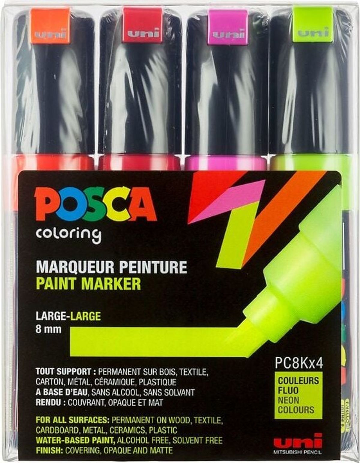 Posca Tusser Sæt - Pc8k - Large 8 Mm - Neon Farver - 4 Stk