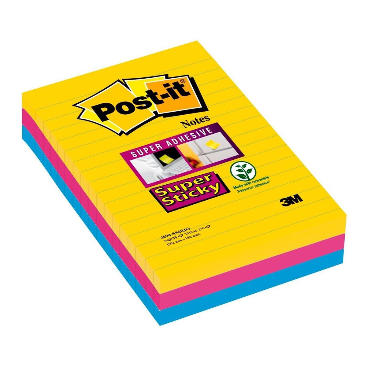 Post-it blok Super Sticky, linieret, 101x152mm 3bl