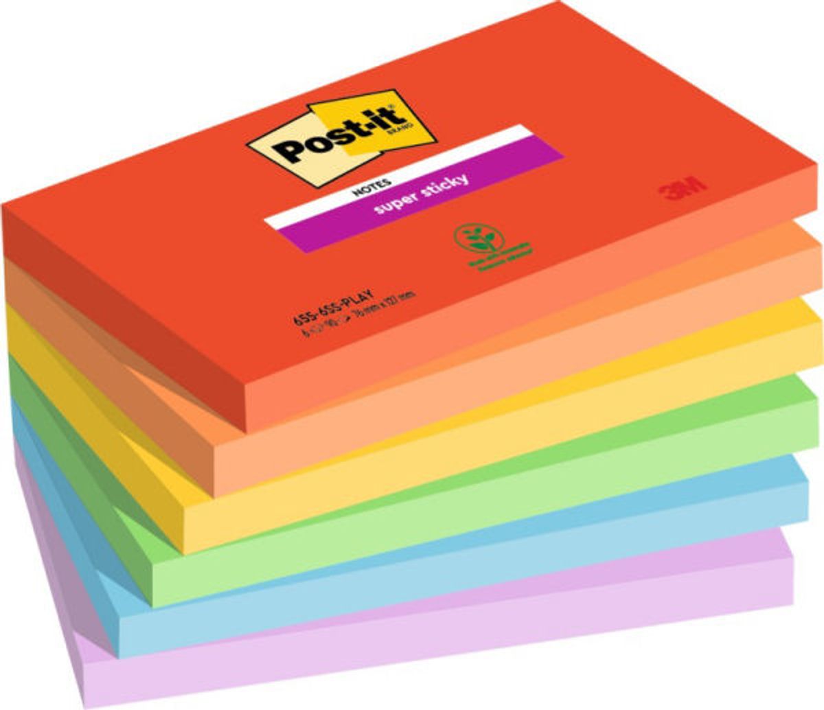 Post-it brand 3M notes super sticky 655-6SS-PLAY 76mmx127mm 90 ark mixfarvet 6 stk.