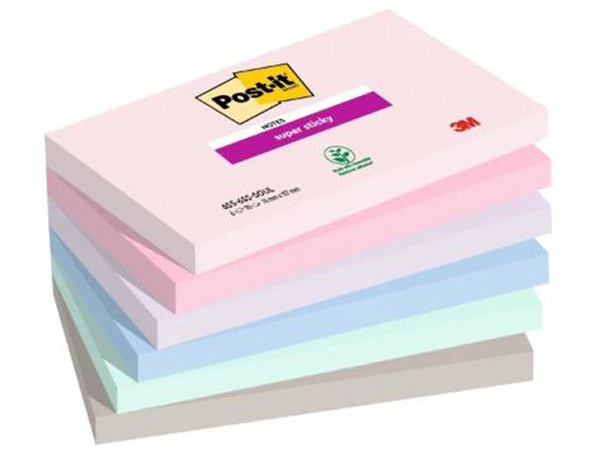 Post-it brand 3M notes super sticky 655-6SS-SOUL 76mmx127mm 90 ark mixfarvet 6 stk.