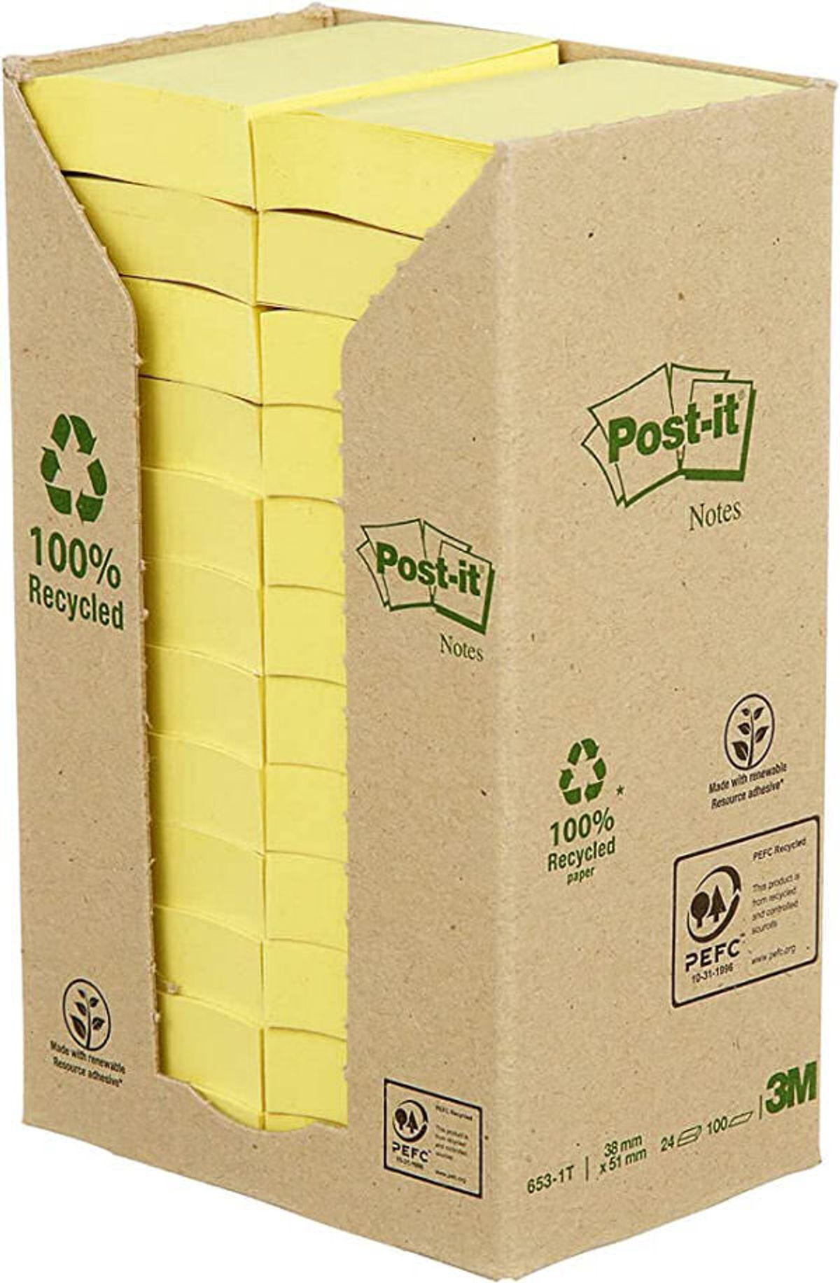 Post-it notes 3M 100% recycled paper 653-1T 38mm x 51mm 100 ark 24 stk.