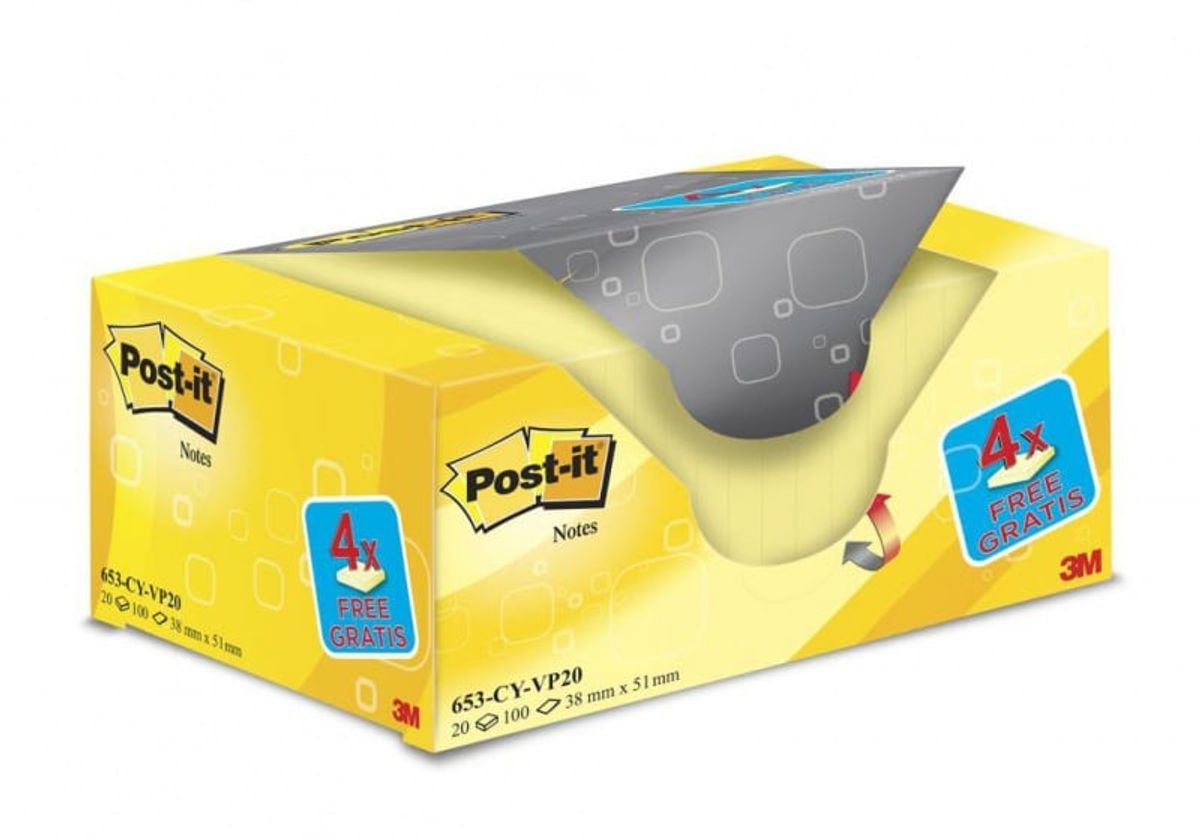 Post-it® Notes Canary Yellow&trade;, 20 blokke (16 + 4 GRATIS), 38 mm x 51 mm