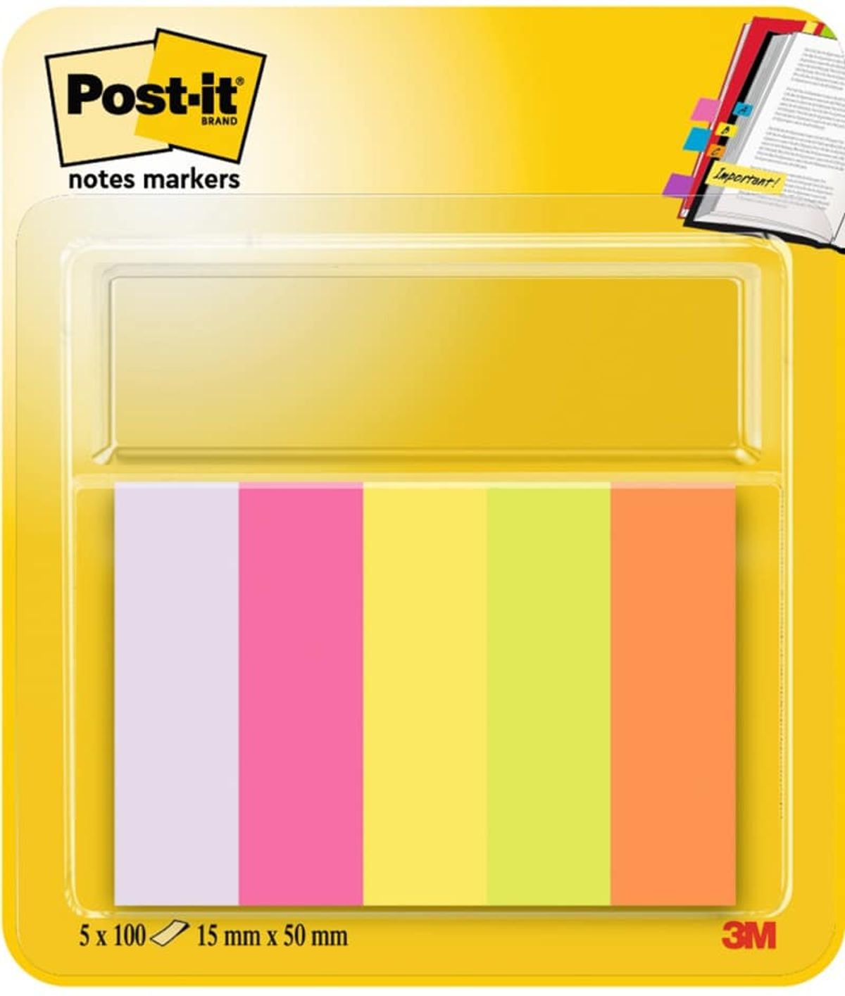 Post-it® Notes Markører neon 670-5, 5 blokke, 100 ark (orange, grøn, gul, pink &amp; neon pink) 15 x 50 mm,.