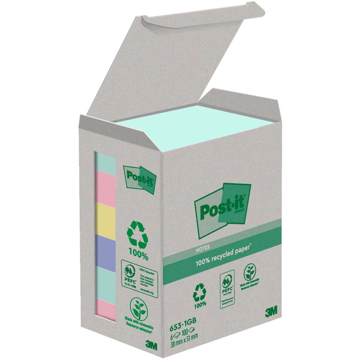 Post-it Recycled notes 38 mm flerfarvet 6 blk