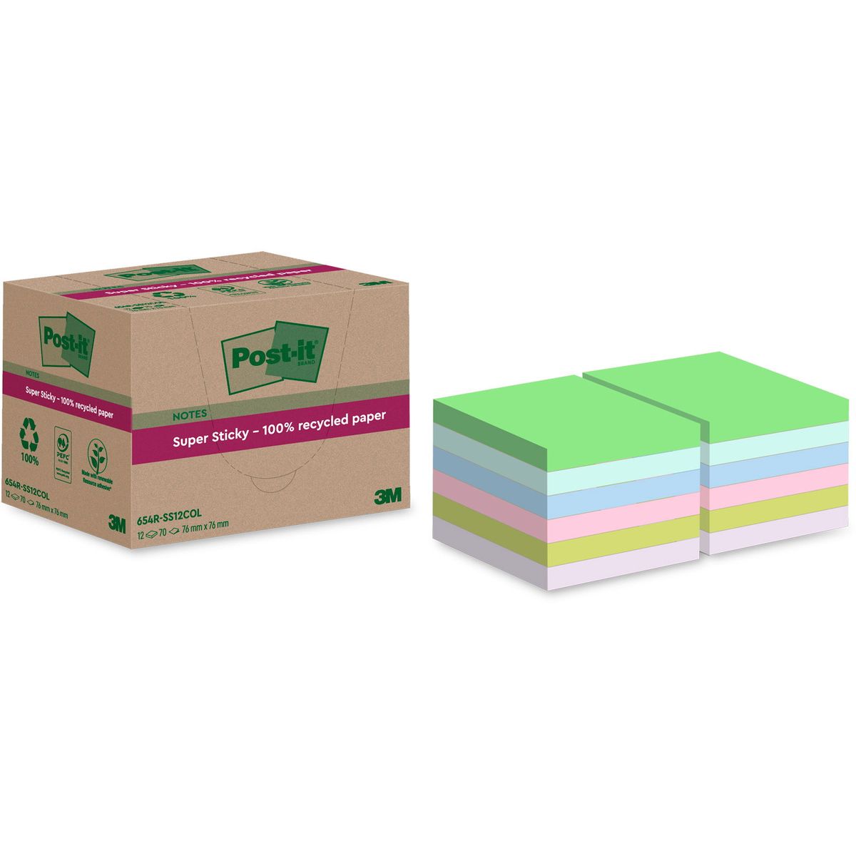 Post-it SS Recycled notesblok 76x76mm assorteret 12stk