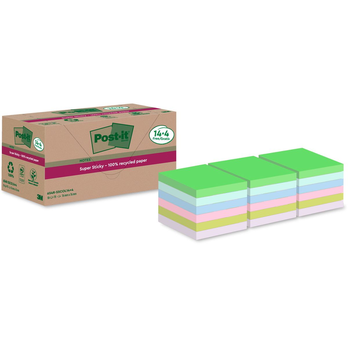 Post-it SS Recycled notesblok 76x76mm assorteret 18stk