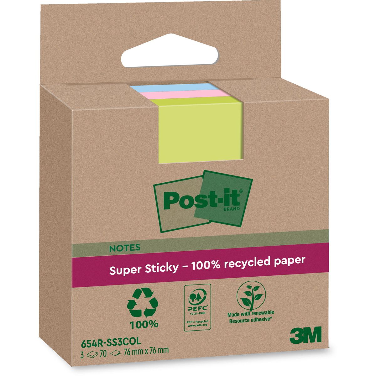 Post-it SS Recycled notesblok 76x76mm assorteret 3stk