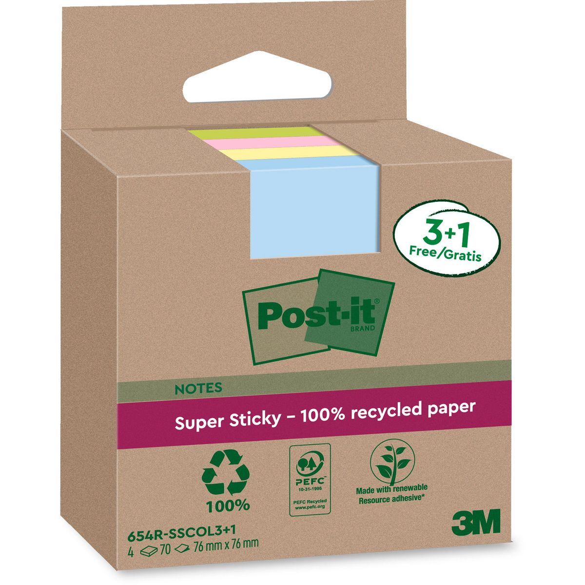 Post-it SS Recycled notesblok 76x76mm assorteret 4stk