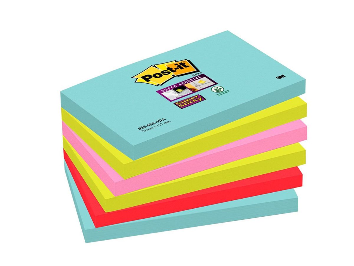 Post-it Super Sticky 76x127mm Miami ass 6 stk (655)