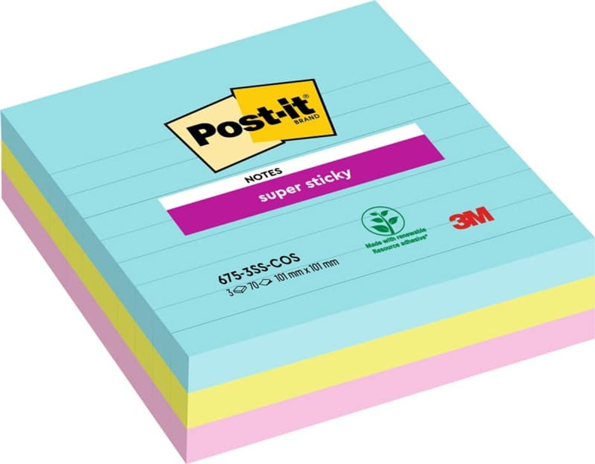 POST-IT® Super Sticky Notes, linjeret, (675-SS3-MIA), 101x101mm, 3x70 ark, Miami-paletten,.