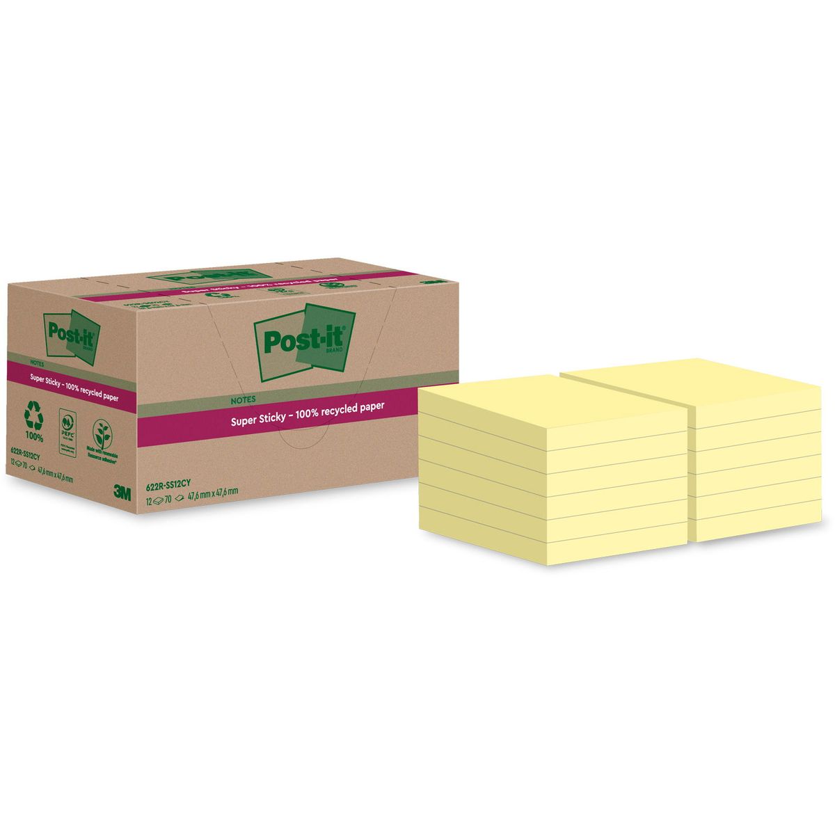 Post-it Super Sticky Recycled notesblok 47,6x47,6mm gul 12stk