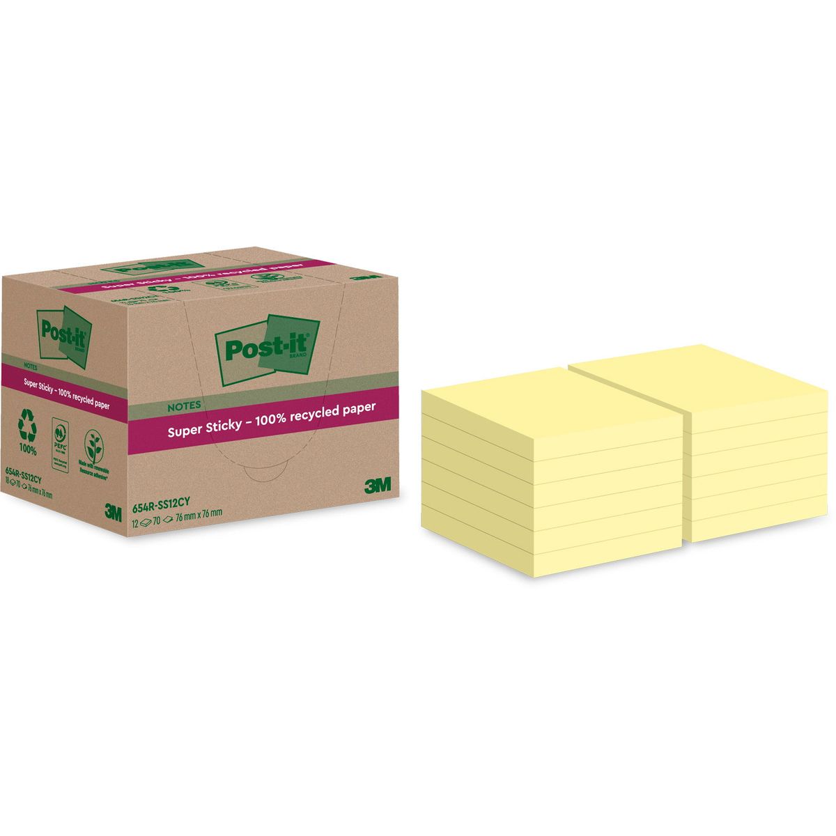 Post-it Super Sticky Recycled notesblok 76x76mm gul 12stk