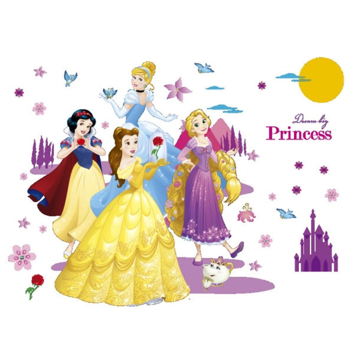 Prinsesse wallsticker med Snehvide, Askepot, Bell og Rapunzel.