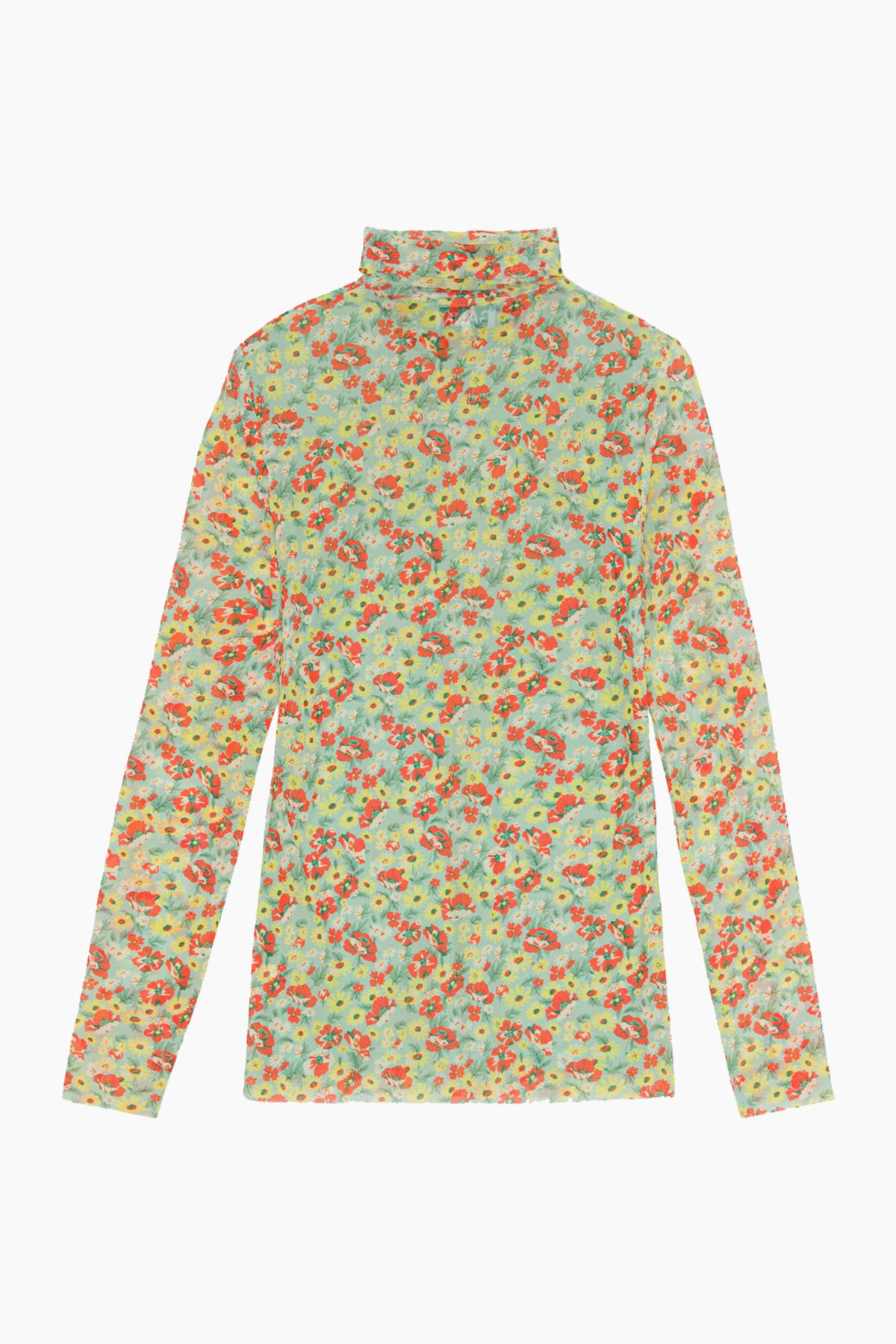 Printed Mesh Long Sleeve Fitted Rollneck - Meadow Celadon Green - GANNI - Grøn L