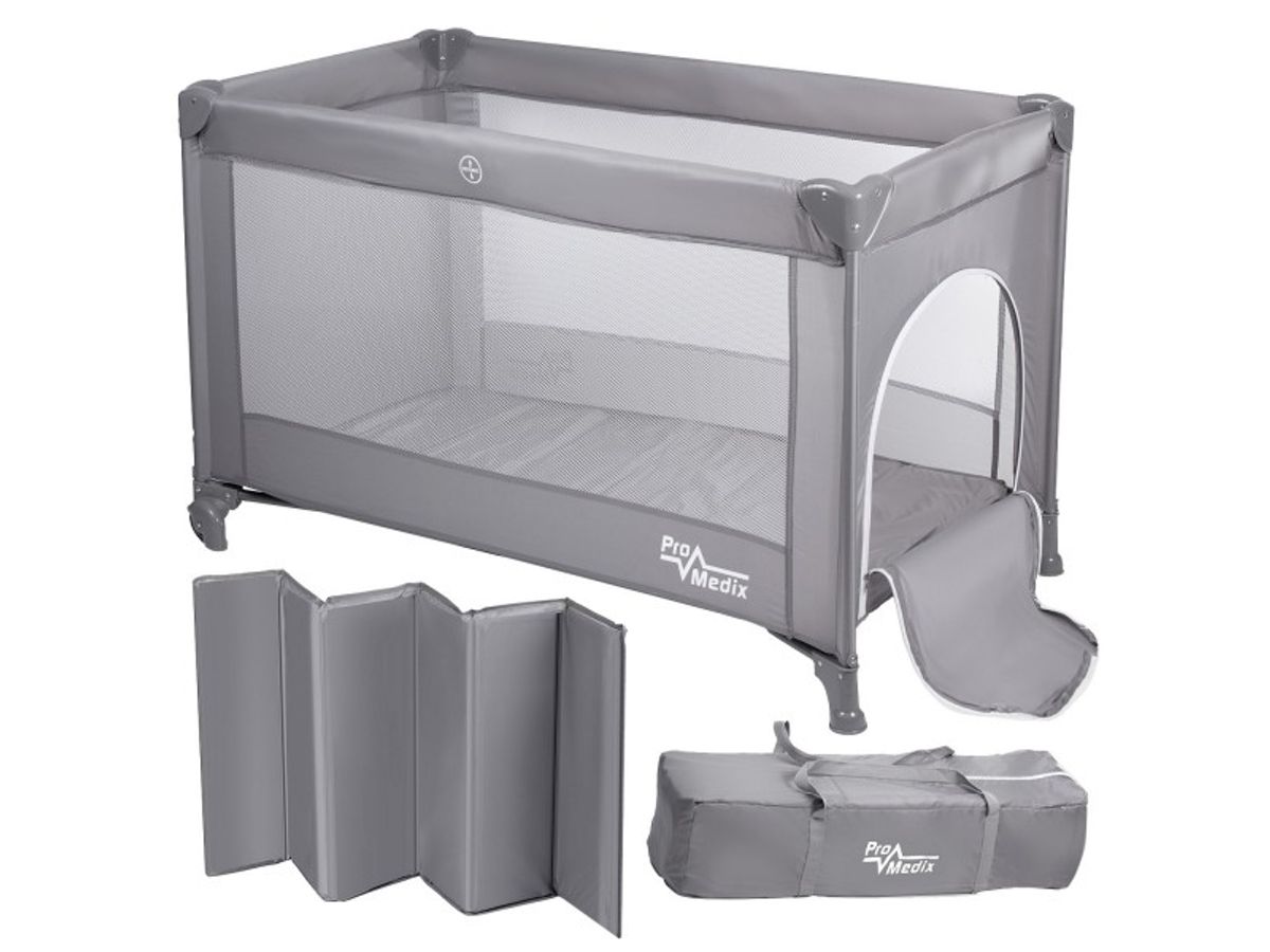 Promedix Travel Cot, 125X65x74cm, Gray, Wheels, Protective Cover, Pr-803 G