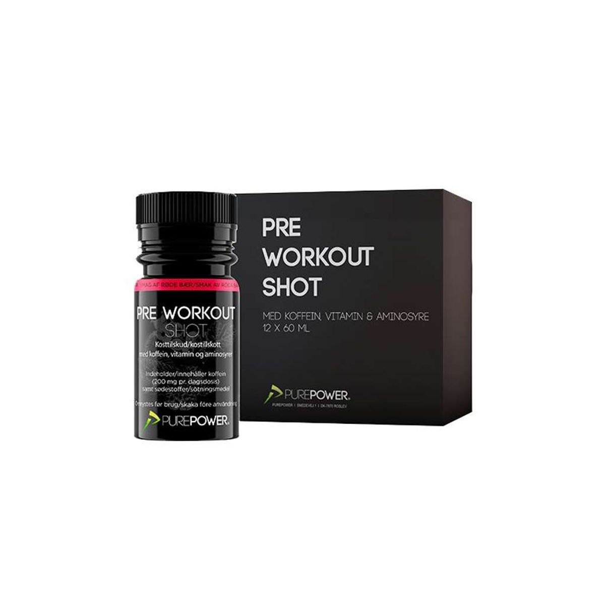 PurePower Pre-workout Shot - PWO Energishot - Røde bær - 1 kasse á 12 stk. 12 x 60 ml.