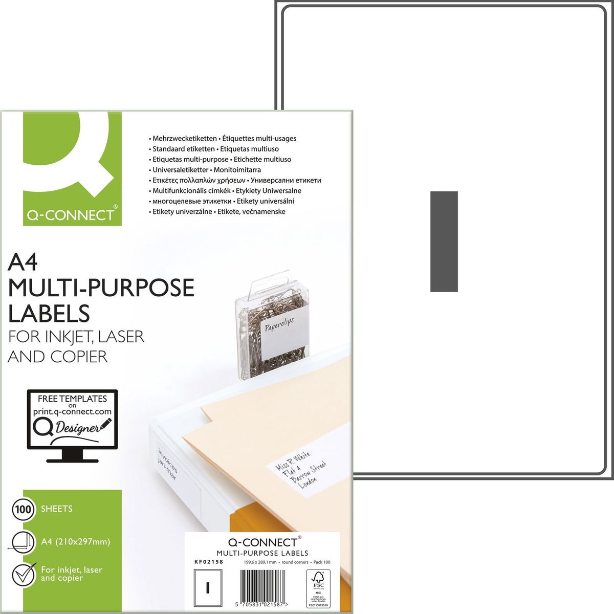 Q-connect multietiketter A4 100 etk, 199.6 mm x 289.1 mm