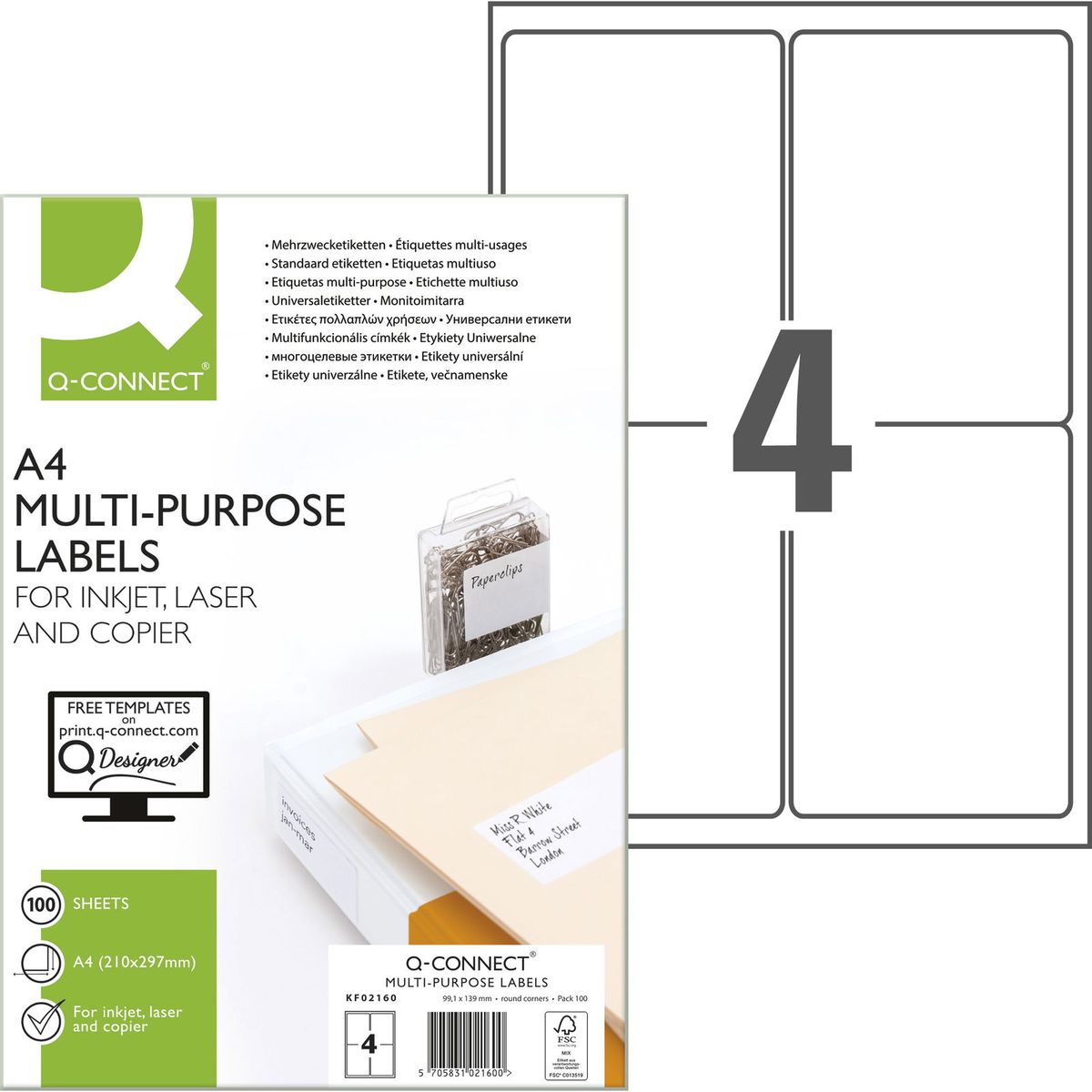 Q-connect multietiketter A4 400 etk, 99.1 mm x 139 mm