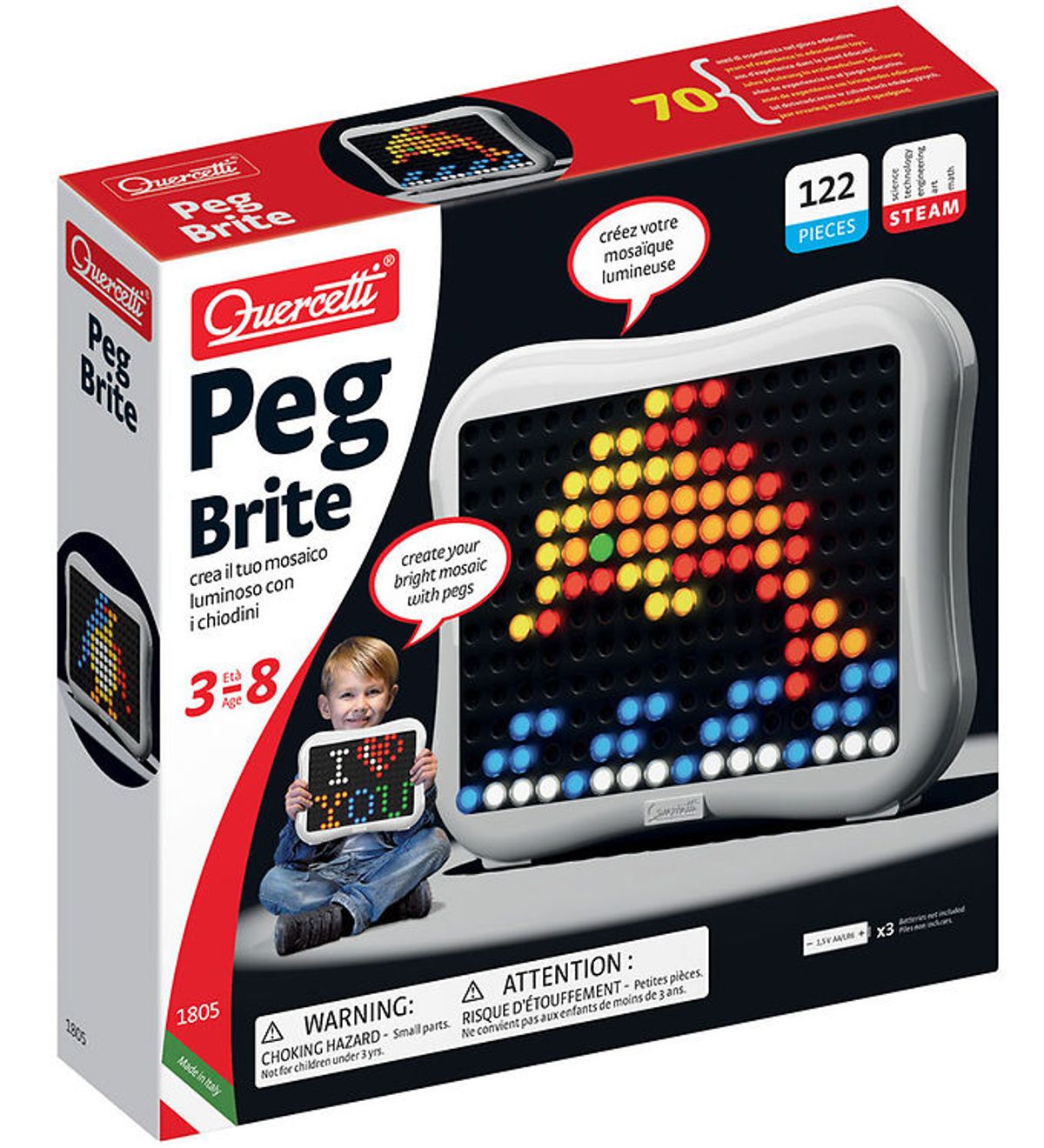 Quercetti Stiftmosaik m. LED-lys - Peg Brite - 122 Dele - 1805