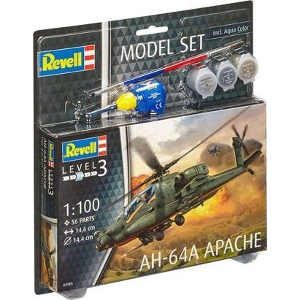 Revell - Ah-64a Apache Helikopter Byggesæt Inkl. Maling - 1:100 - Level 3 - 64985