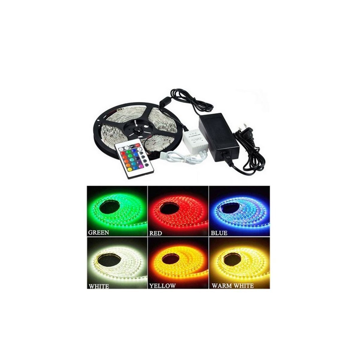 RGB sæt: 10 meter LED strip 30 LED, 7,2w, kontroller og transformator