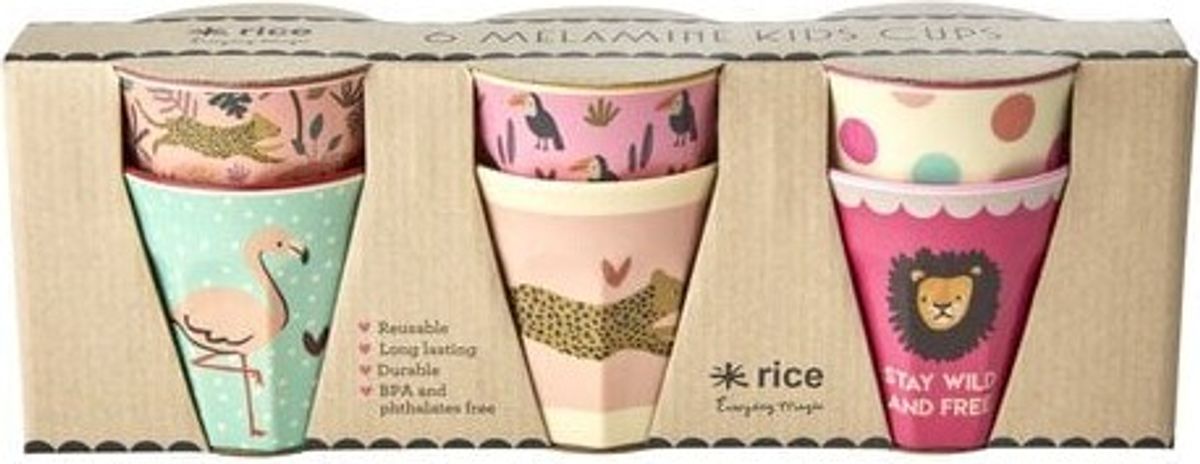 Rice - 6 Pcs Small Melamine Kids Cups Jungle Print Pink