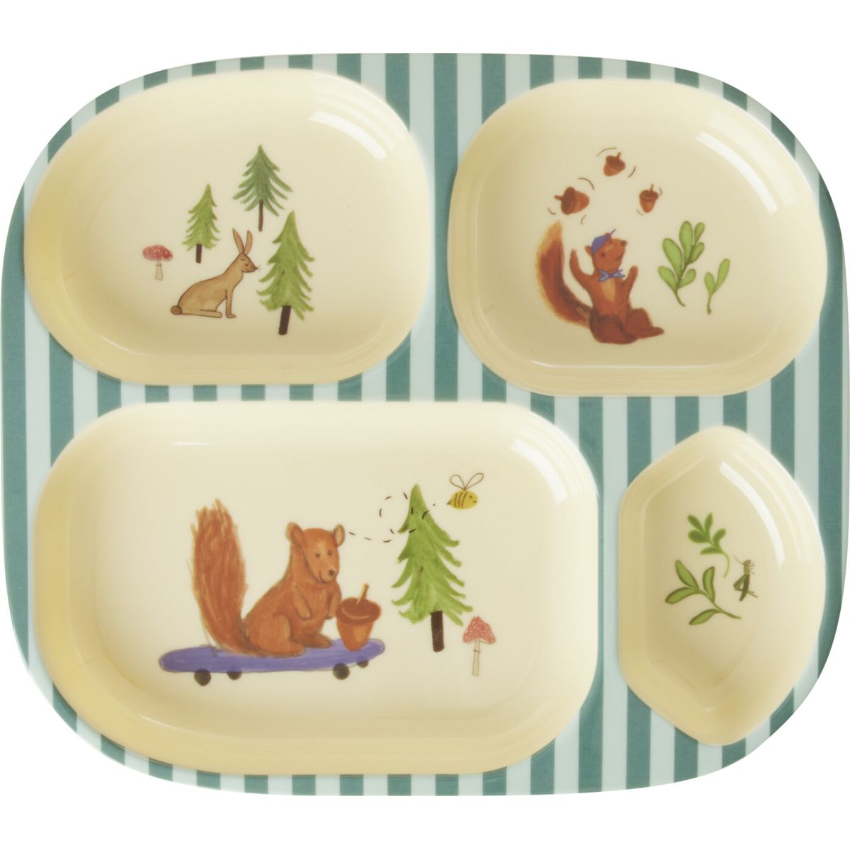 Rice - Melamine Kids 4 Room Plate - Blue Happy Forest Print - Blue