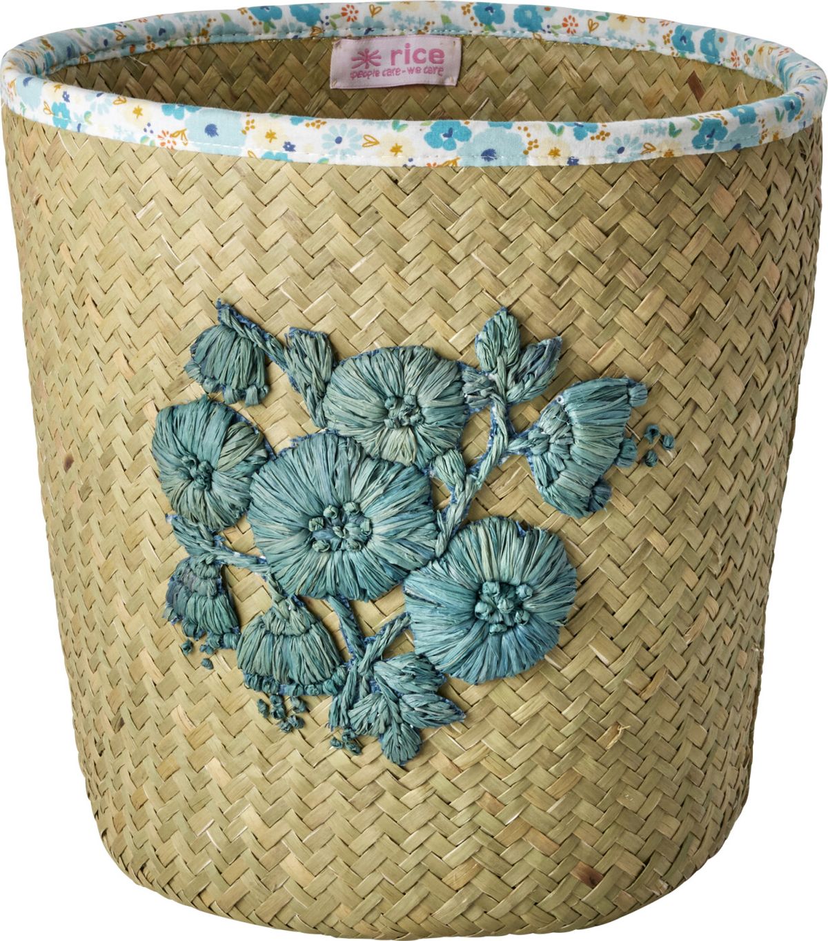 Rice - Raffia Basket With Blue Flower Embroidery And Flower Fabric Edge - Blue