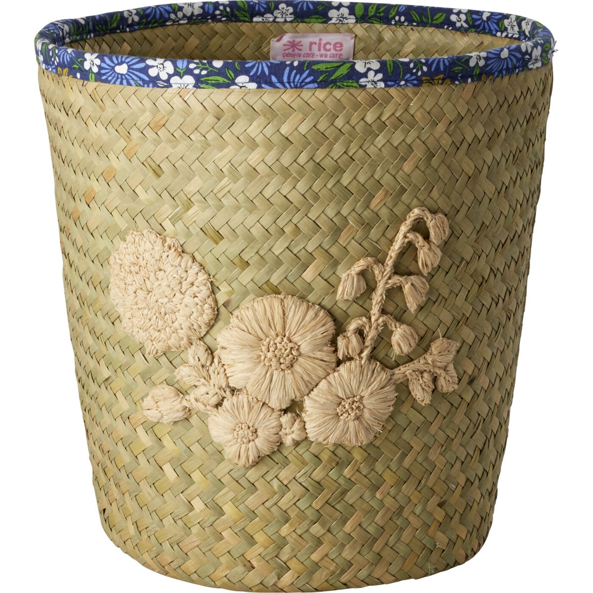 Rice - Raffia Basket With Nature Flower Embroidery - Flower Fabric Edge