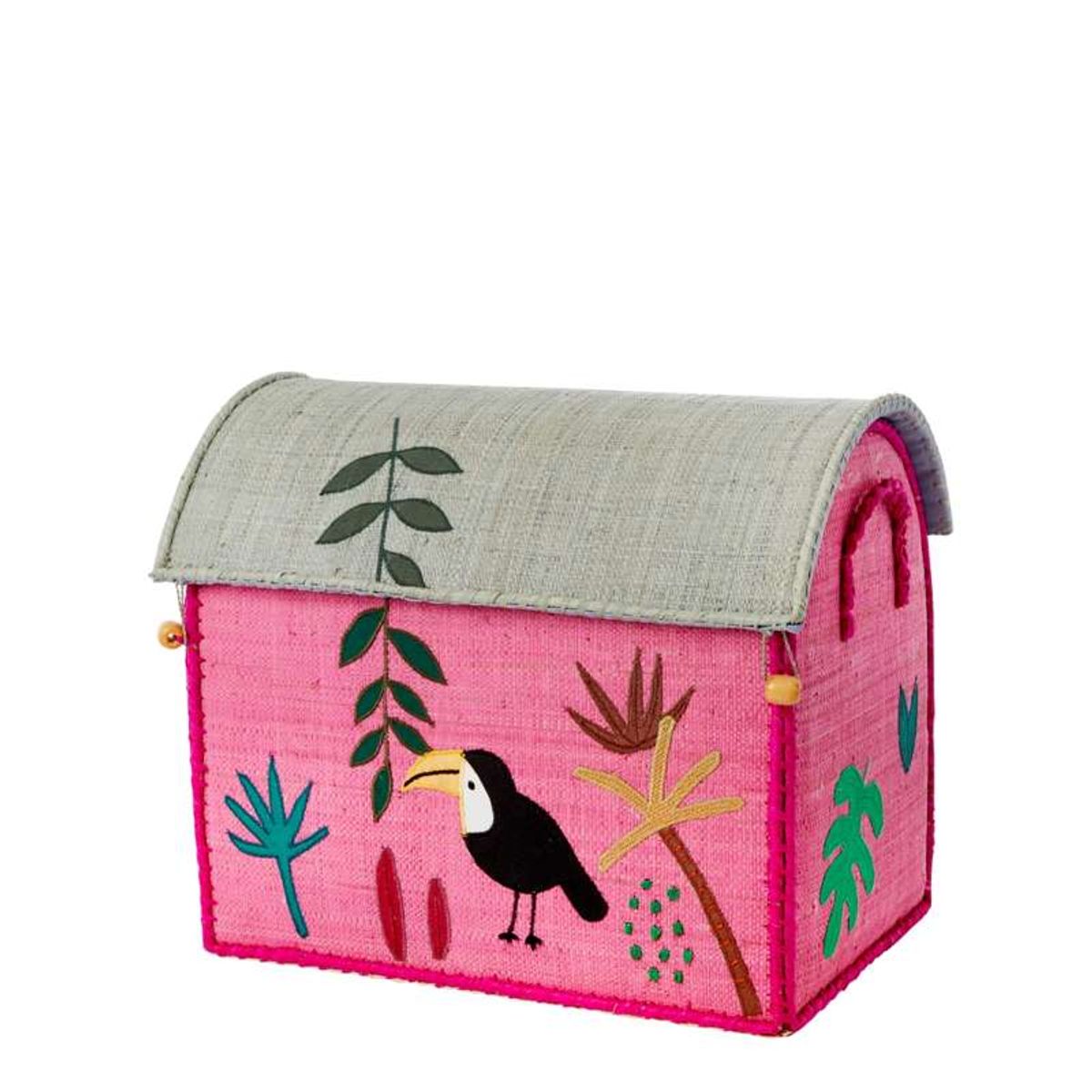 RICE Raffia Opbevaringshus - Jungle Animals - Pink - Lille