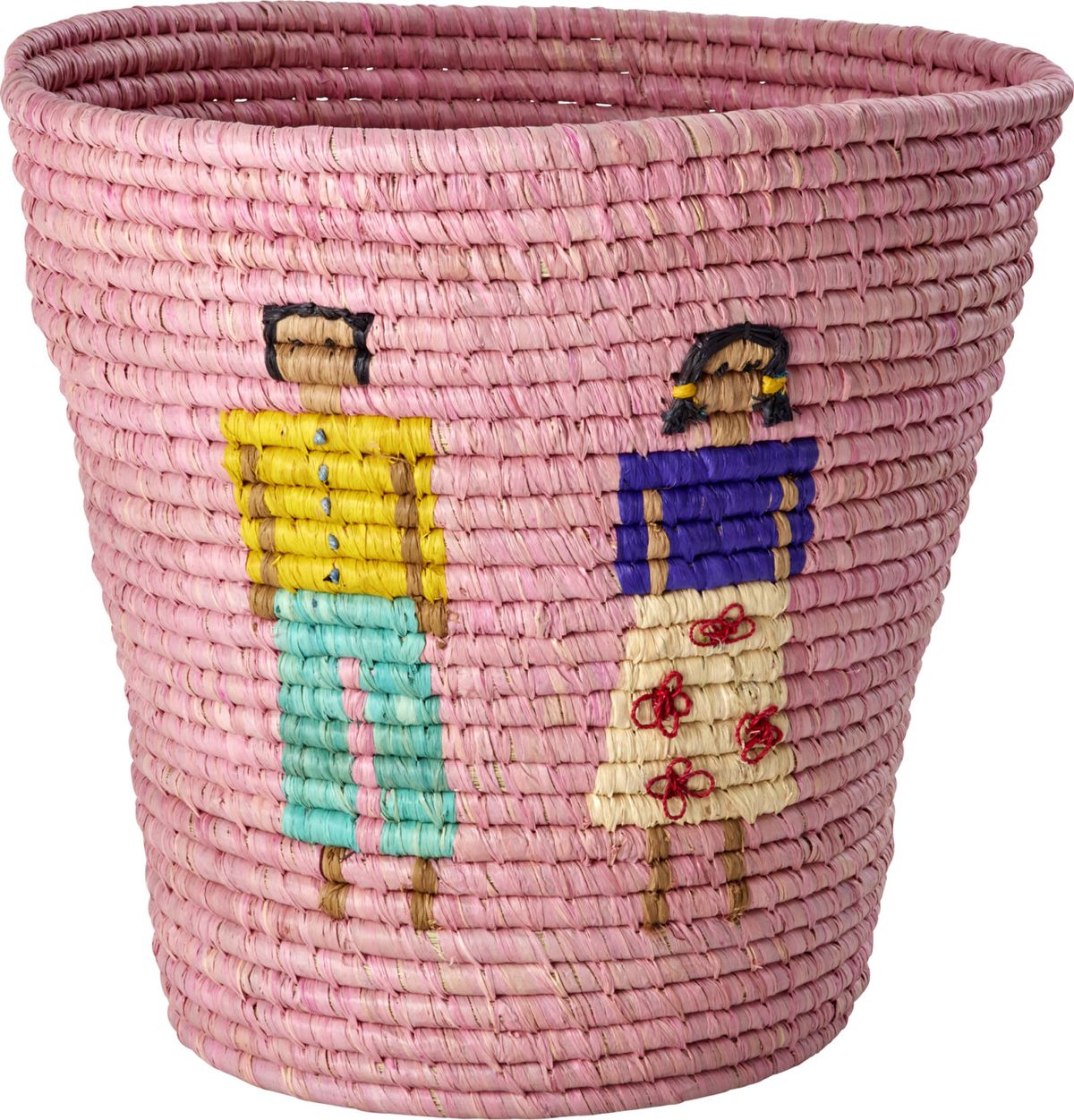 Rice - Raffia Round Basket With People And 3d Details - Pink