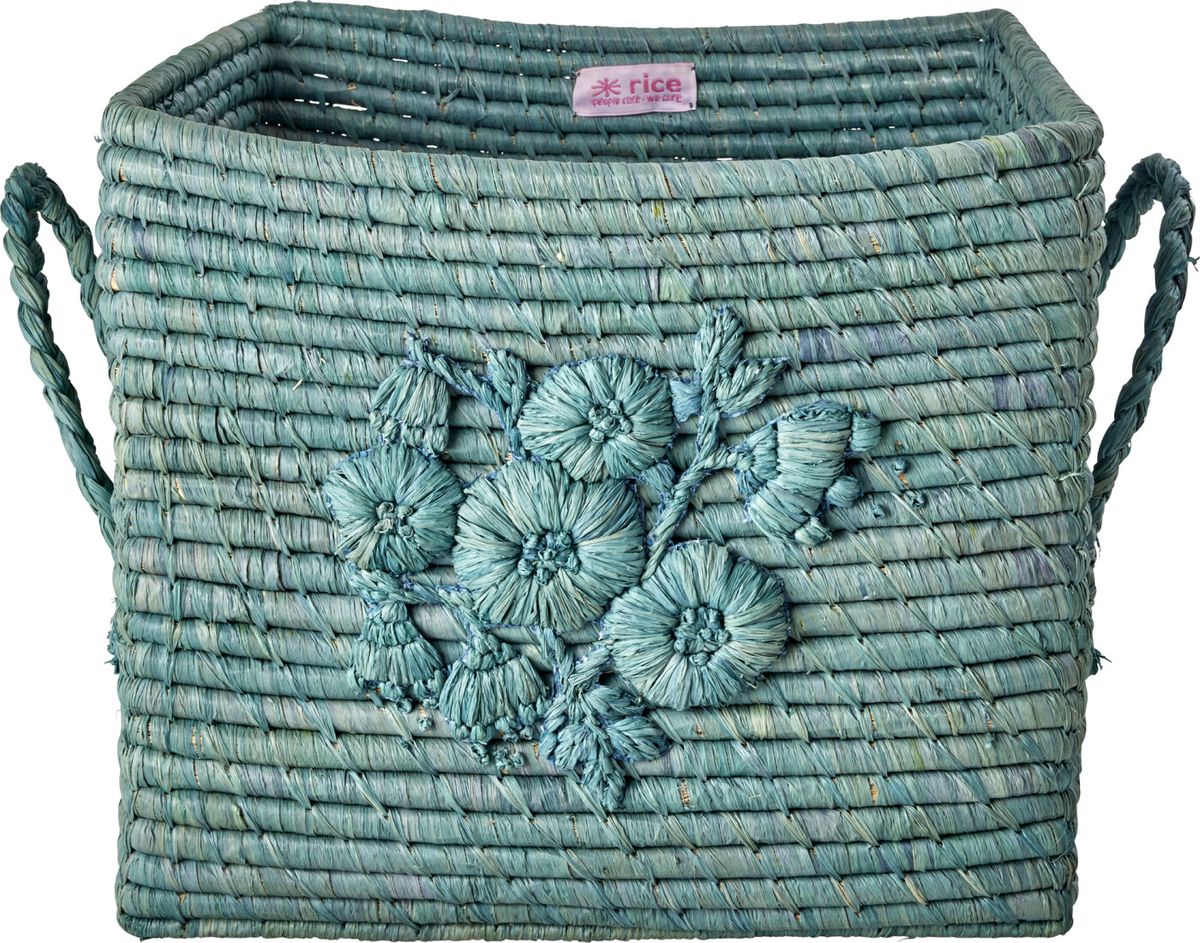 Rice - Raffia Square Basket With Flower Embroidery - Dove Blue