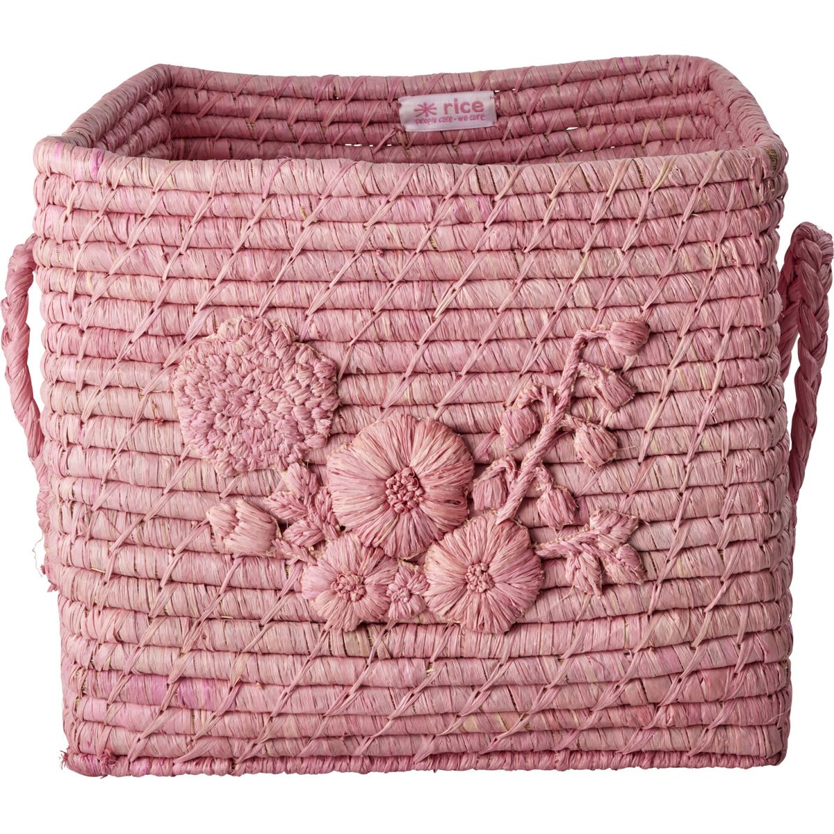 Rice - Raffia Square Basket With Flower Embroidery - Pink