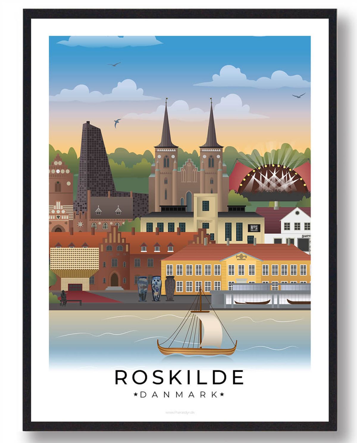 Roskilde byplakat med hvid kant (RESTPARTI) (Størrelse: L - 50x70cm (B2))