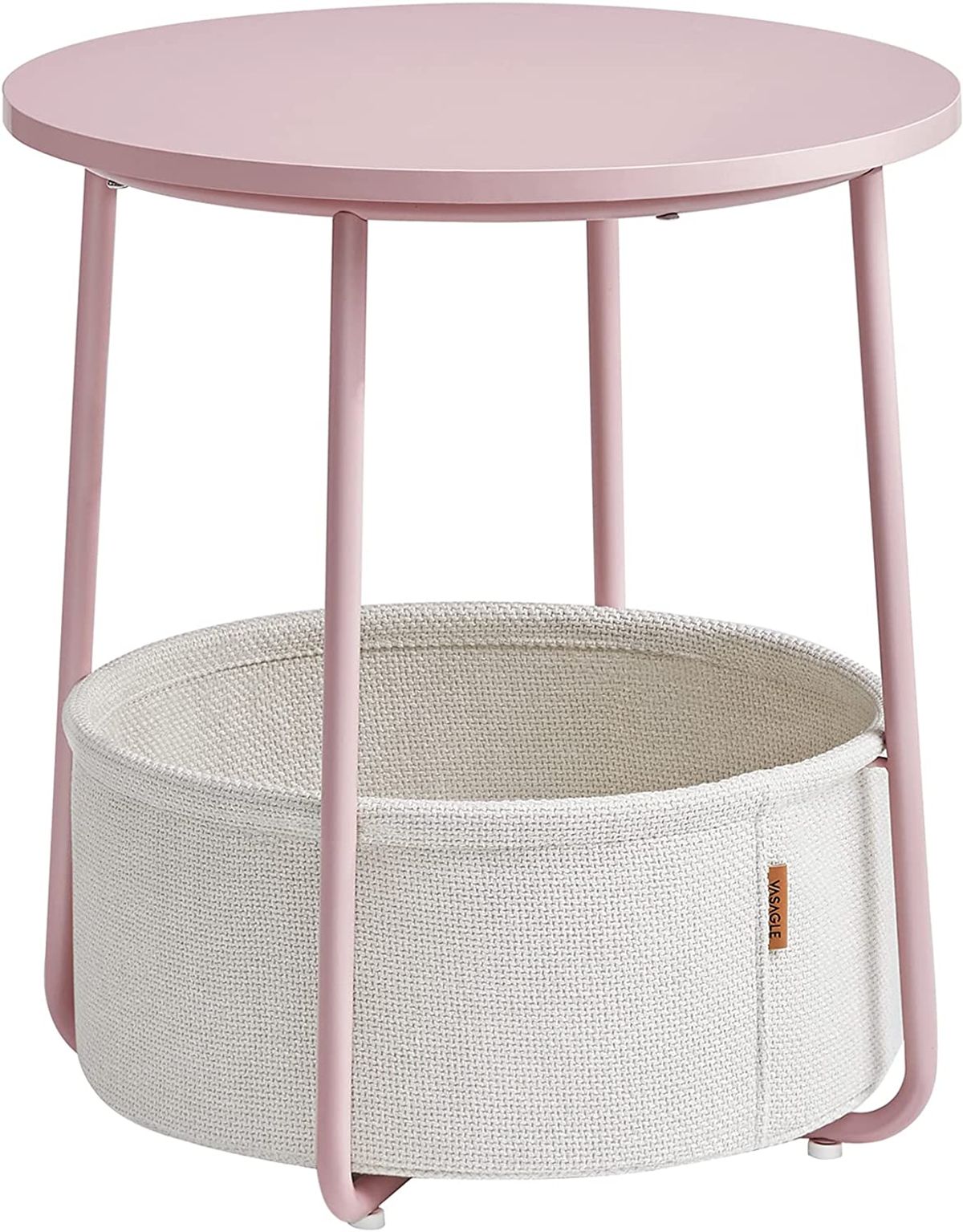 Rundt sidebord med stofkurv, pastelrosa/skyhvid