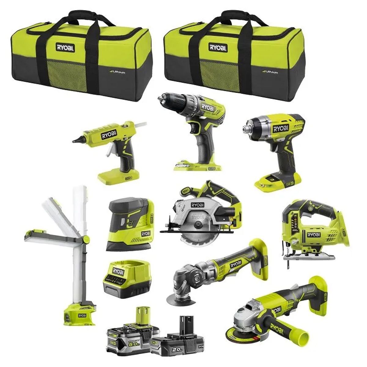 Ryobi Håndværkersæt 18V - 1x2,0 ah batteri + 1x5,0 ah batteri - R18CK9-252S