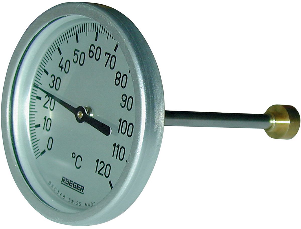 Rüeger TCH termometer 100x100 mm. Rustfrit stål, frontring i aluminium. 0-120°C