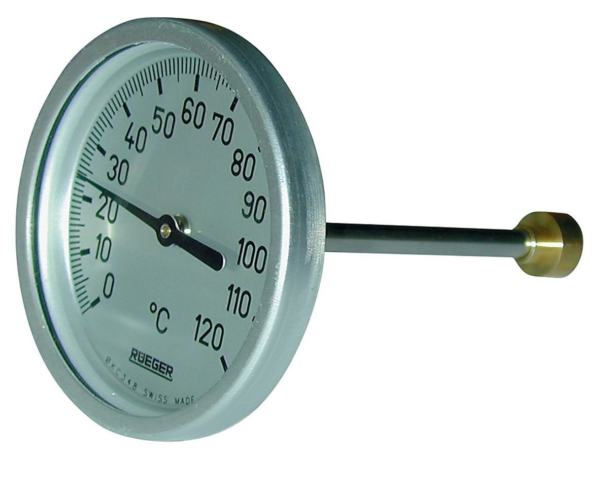 Rüeger TCH termometer 100x50 mm. Rustfrit stål, frontring i aluminiumv. 0-120°C