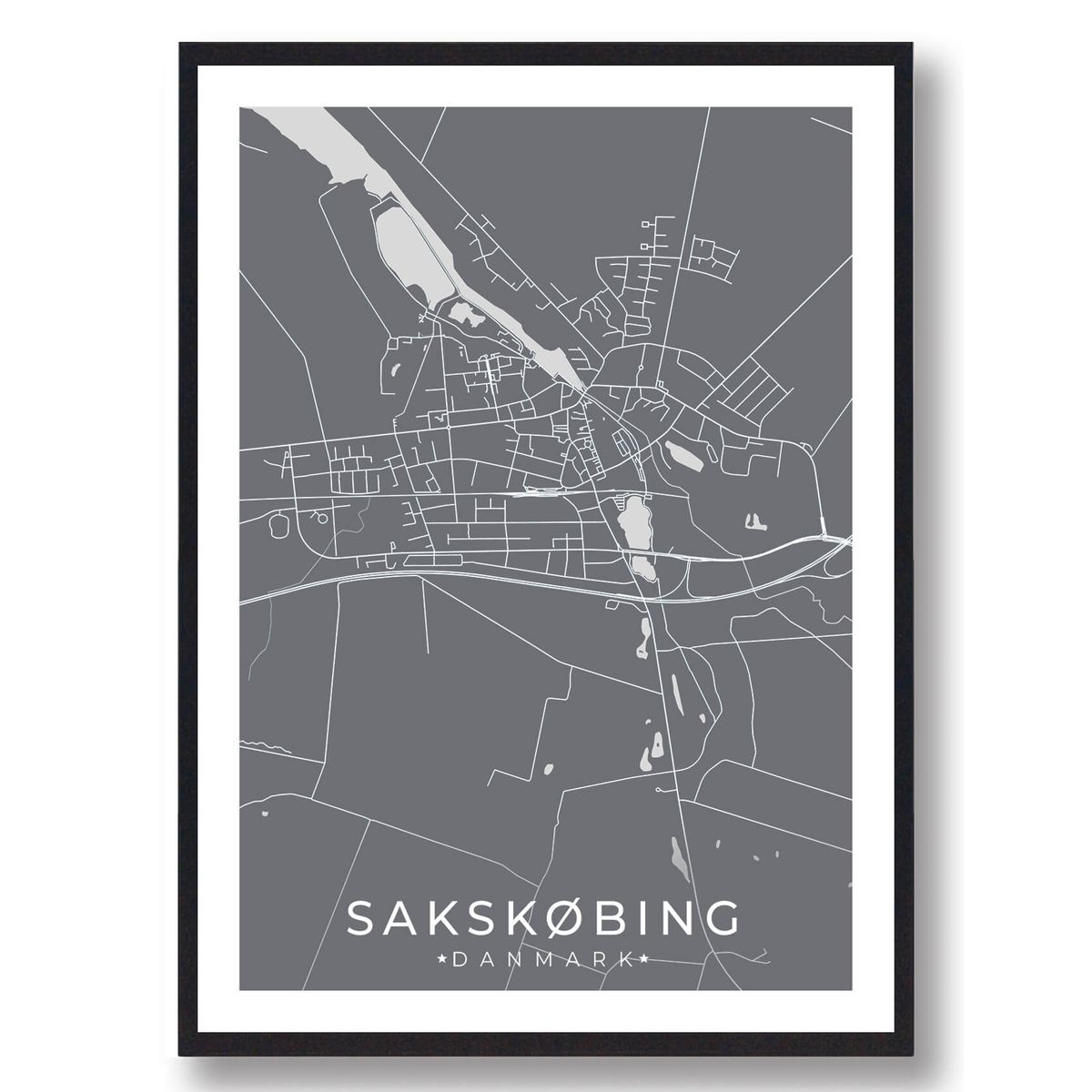 Sakskøbing by plakat - grå (Størrelse: S - 21x29,7cm (A4))