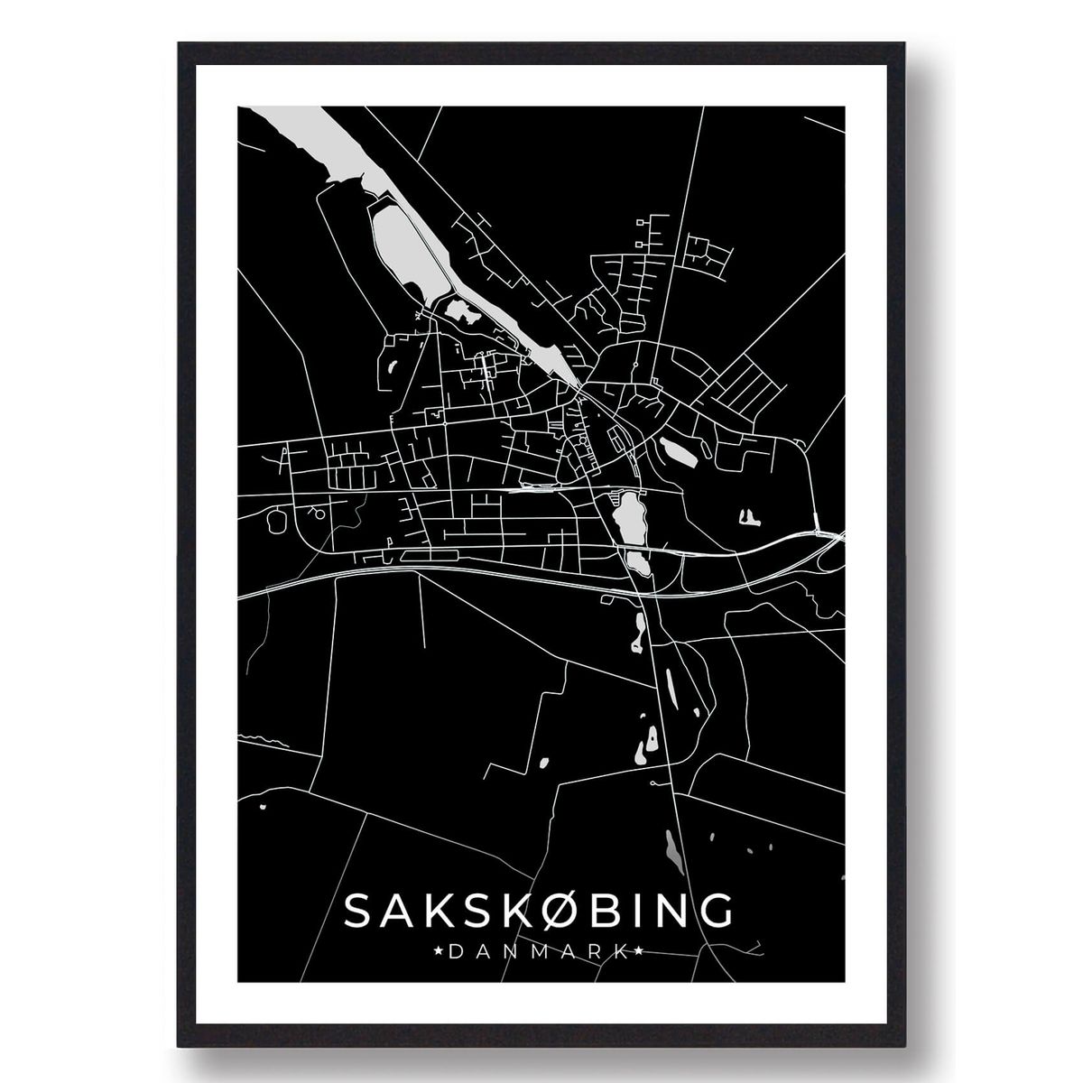 Sakskøbing by plakat - sort (Størrelse: M - 30x40cm)