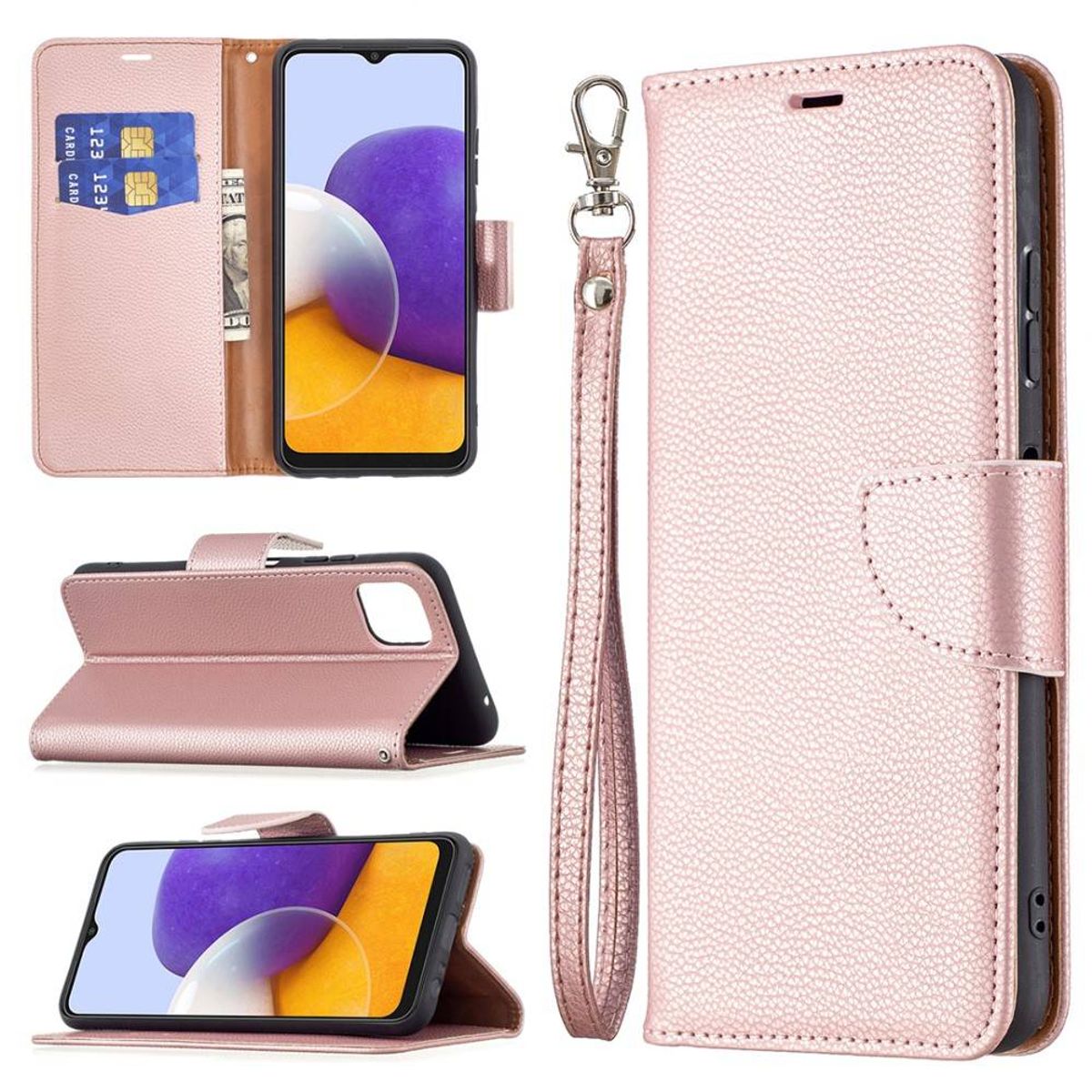 Samsung Galaxy A22 5G - Læder cover / pung - Med aftagelig strop - Rosa guld