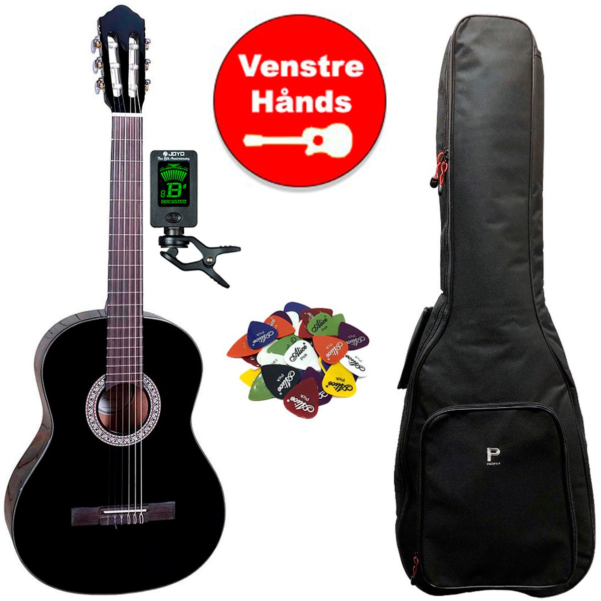 Santana B8 v2 Venstrehånds Klassisk 4/4 Guitar pakke - Sort