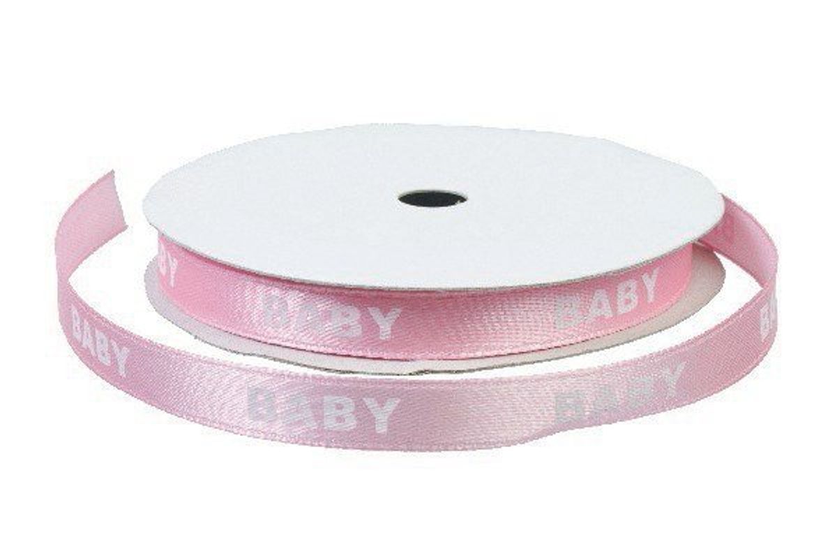 Satinbånd 'BABY' pink m/hvid 9mm 9m